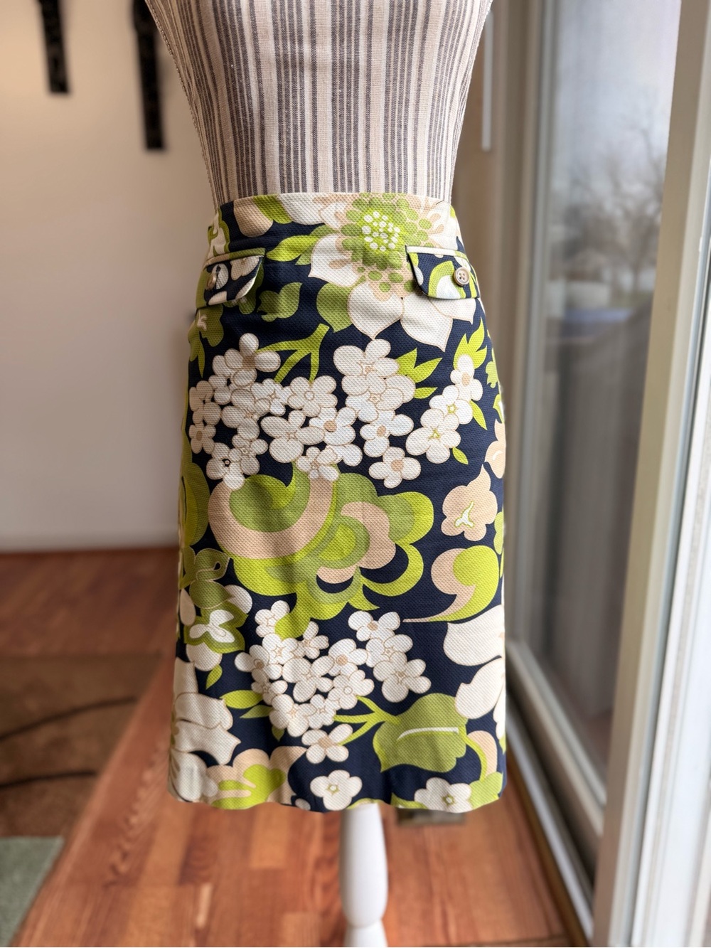 J. Crew Navy Floral  Skirt with Lime Accents